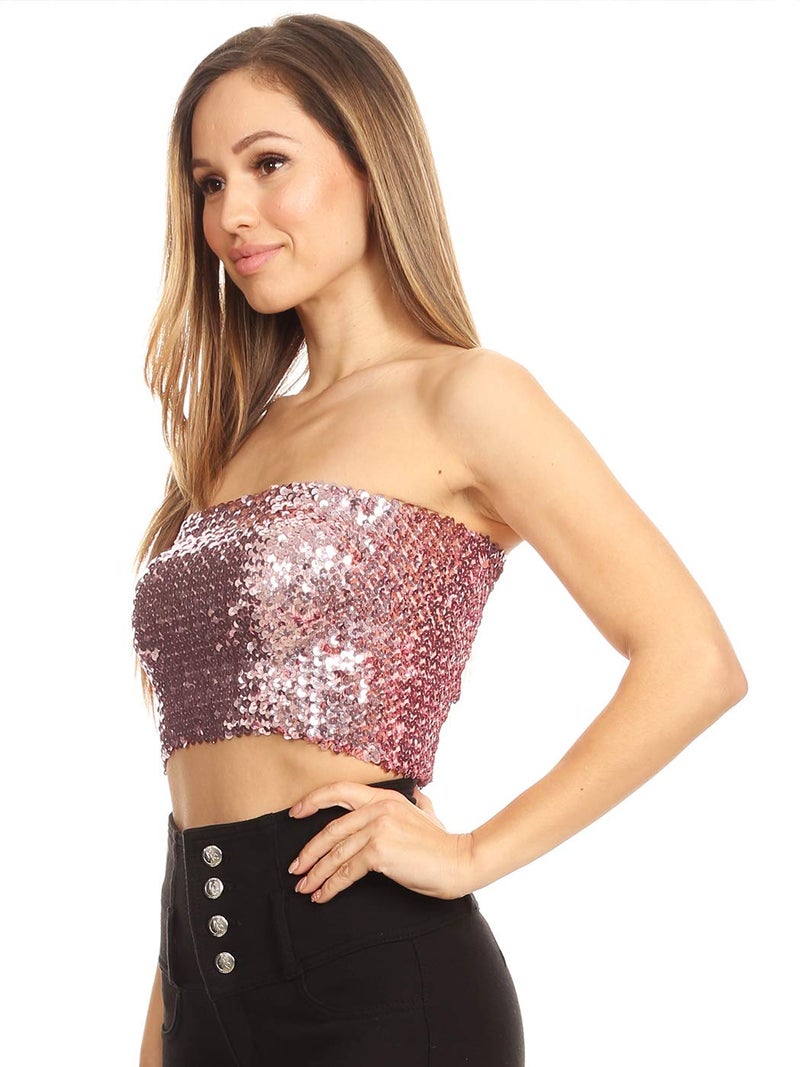 Anna-Kaci Womens Shiny Sequin Party Cropped Strapless Bandeau Stretch Tube Top, Pink, Small - Medium - Image 3